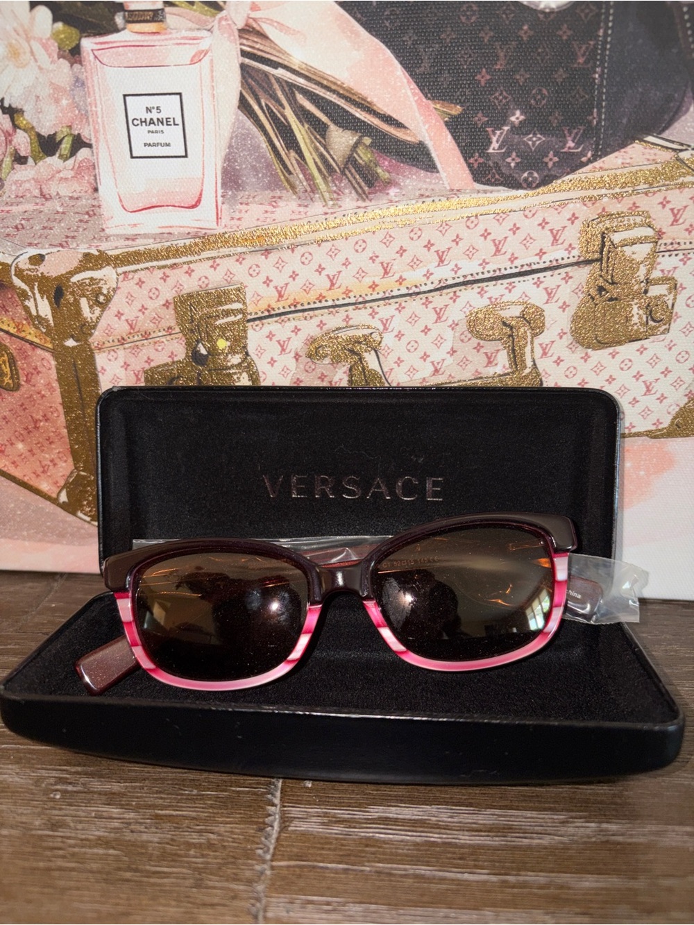 VERSACE V7069 C1 Black Frame Sunglasses with Pink Trim with Case